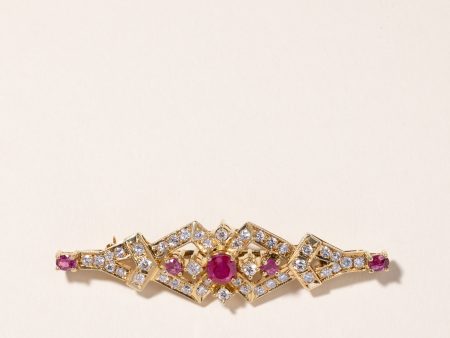 14k Yellow Gold Ruby & Diamond Brooch | 1.22ctw, 1.00ctw | Hot on Sale