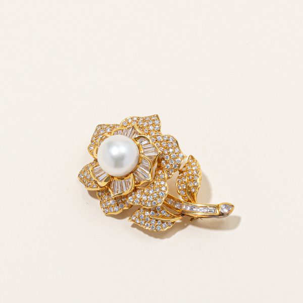 South Sea Pearl & Diamond Flower Brooch |13mm Pearl, 7.62ctw Diamonds | VS G H Supply