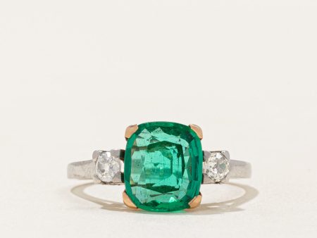 Vintage Emerald & Old European Cut Diamond Ring in Platinum and 18k Gold | 2.15ct, 0.24ctw | SZ 7.5 | Online Sale