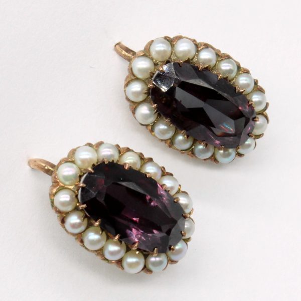 Vintage Synthetic Colour Change Sapphire & Natural Pearl Drop Earrings | 6.20ctw | For Sale