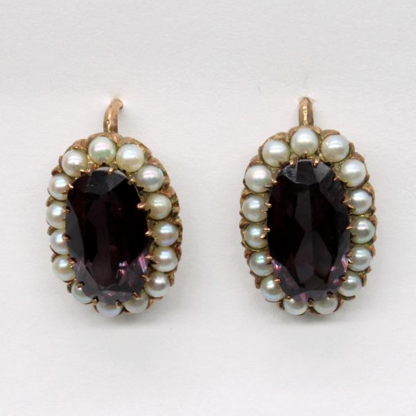 Vintage Synthetic Colour Change Sapphire & Natural Pearl Drop Earrings | 6.20ctw | For Sale