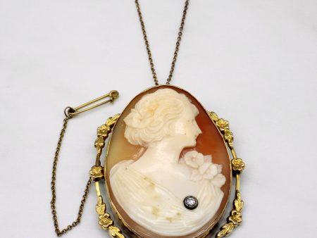 Vintage Carved Shell Cameo & Diamond Brooch & Pendant Necklace | 50.00ct, 0.08ct | For Sale