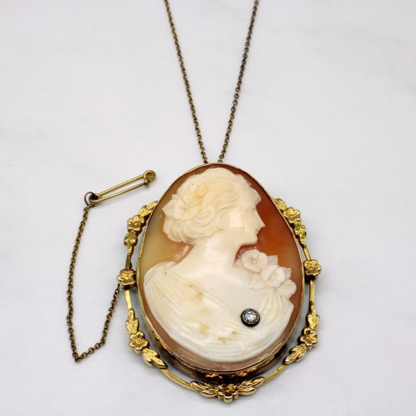 Vintage Carved Shell Cameo & Diamond Brooch & Pendant Necklace | 50.00ct, 0.08ct | For Sale