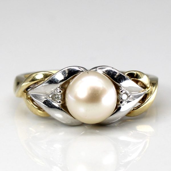 Two Tone Gold Pearl & Diamond Ring | 0.02ctw | SZ 7 | on Sale