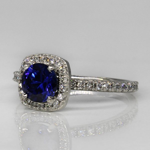 Synthetic Sapphire & Diamond Halo Engagement Ring | 1.30ct, 0.37ctw | SZ 9 | Supply