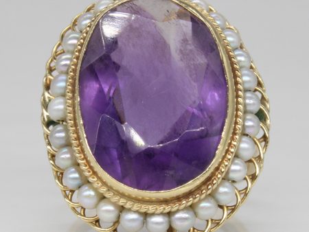 Vintage Amethyst & Pearl Cocktail Ring | 10.00ct | SZ 7.5 | For Discount