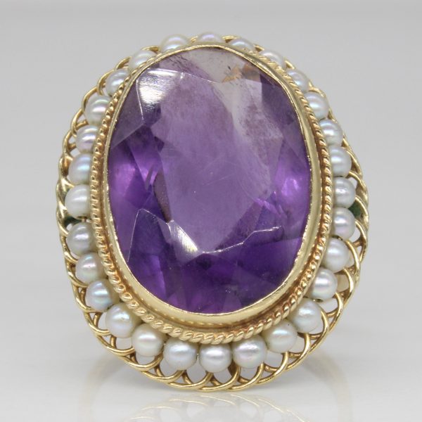 Vintage Amethyst & Pearl Cocktail Ring | 10.00ct | SZ 7.5 | For Discount