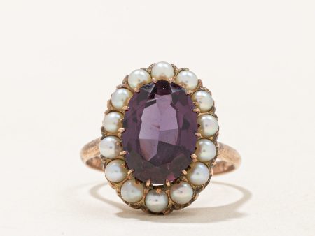 Synthetic Purple Sapphire & Pearl Halo Ring | 3.30ct | SZ 6.25 | Supply