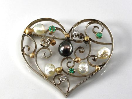 Vintage Heart Design Multi Gemstone Brooch Online now