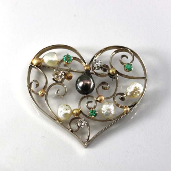 Vintage Heart Design Multi Gemstone Brooch Online now