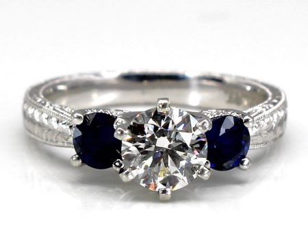 Three Stone Diamond & Sapphire Engagement Ring | 0.77ctw VS2 H | 0.70ctw | SZ 5.75 | Online Hot Sale