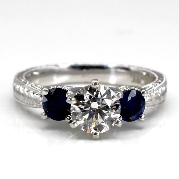 Three Stone Diamond & Sapphire Engagement Ring | 0.77ctw VS2 H | 0.70ctw | SZ 5.75 | Online Hot Sale