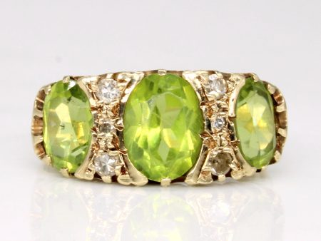 Vintage Oval Peridot & Diamond Three Stone Ring | 3.00ctw, 0.11ctw | SZ 6.5 | Discount