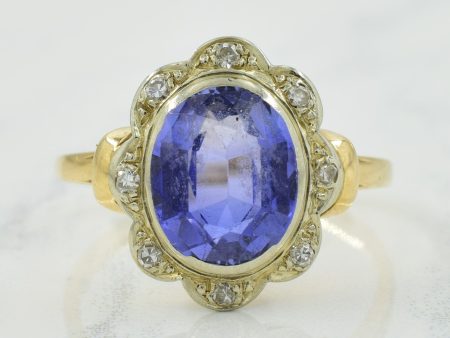 Synthetic Sapphire & Diamond Halo Cocktail Ring | 3.40ct, 0.08ctw | SZ 8 | For Sale