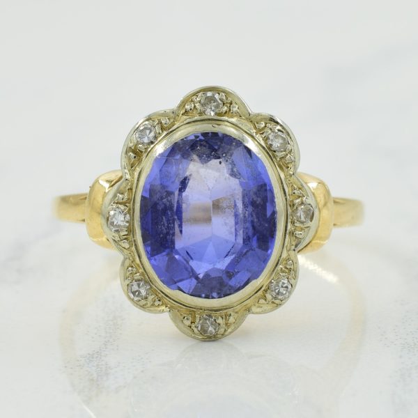 Synthetic Sapphire & Diamond Halo Cocktail Ring | 3.40ct, 0.08ctw | SZ 8 | For Sale