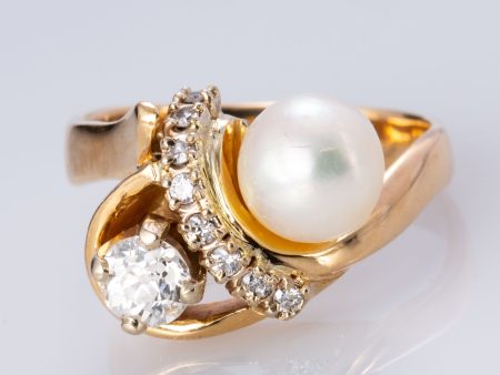 Vintage Pearl and Old European Cut Diamond Ring | 7.50mm, 0.79 ctw | SZ 8 | Cheap