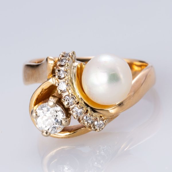 Vintage Pearl and Old European Cut Diamond Ring | 7.50mm, 0.79 ctw | SZ 8 | Cheap