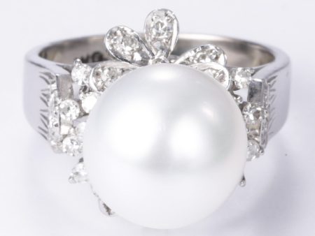 10k White Gold  Pearl and Diamond Ring | 11.20-10.80mm, 0.42ctw | SZ 6 Fashion